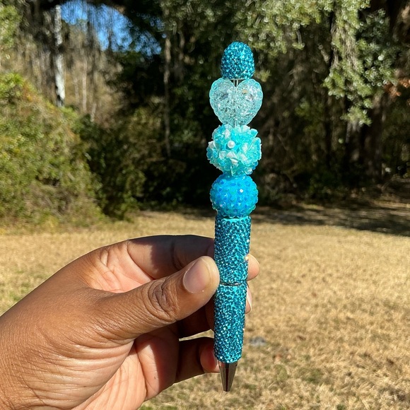Accessories - Turquoise Blue Handmade Rhinestone Pen with Heart Bead